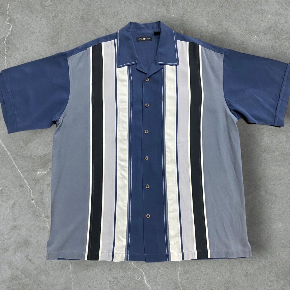 Cotton Traders Vintage Striped Navy Blue Silk Button Up Shirt Men's Size XL